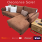 Brown sectional sofa with cushions on a red background, featuring clearance sale text and payment logos.