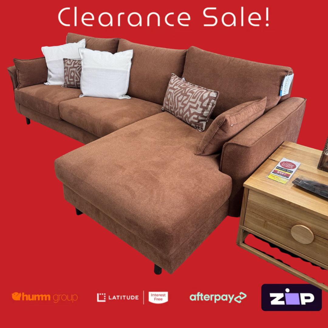 Brown sectional sofa with cushions on a red background, featuring clearance sale text and payment logos.