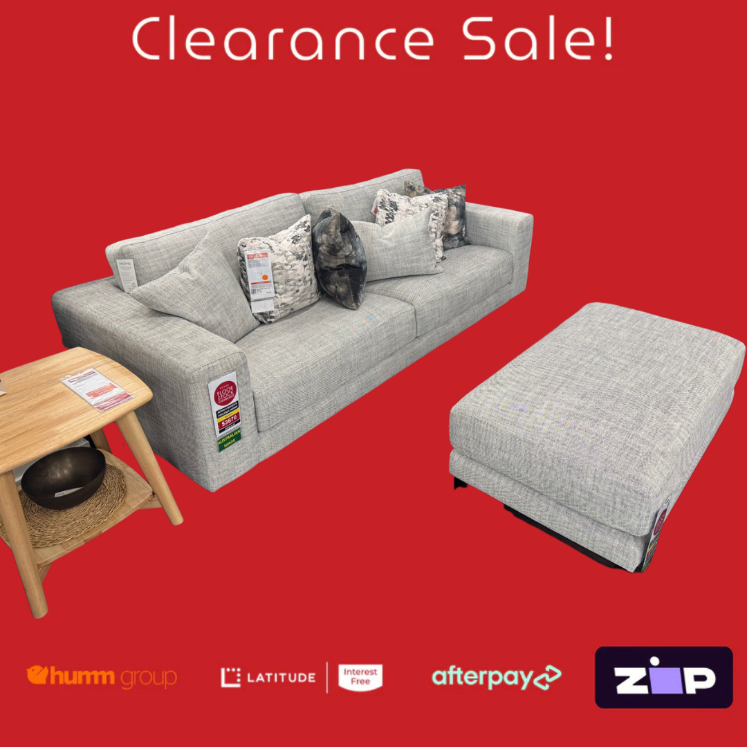 Gray sofa and ottoman with a wooden side table on a red background, featuring clearance sale text and payment options.