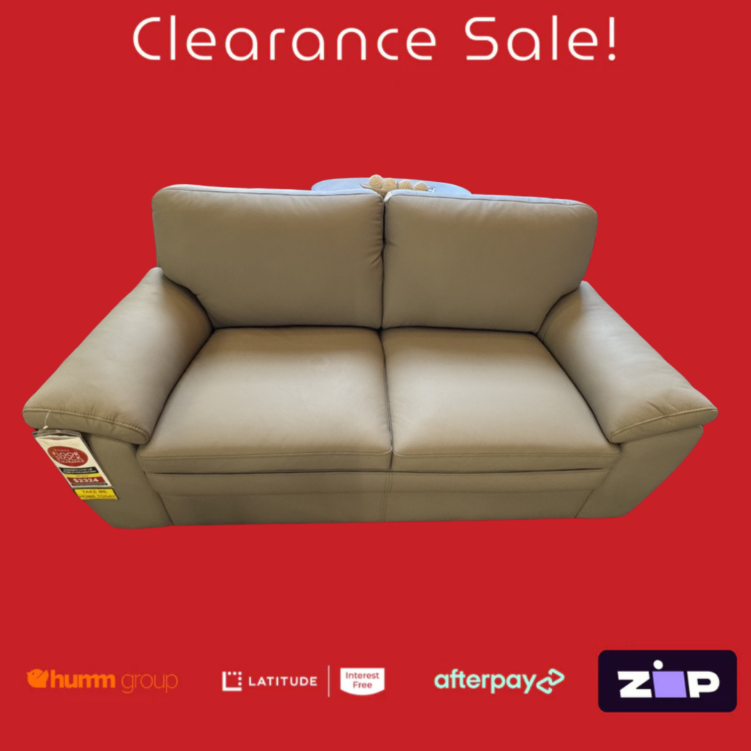 Beige sofa on a red background with clearance sale text and payment options logos.
