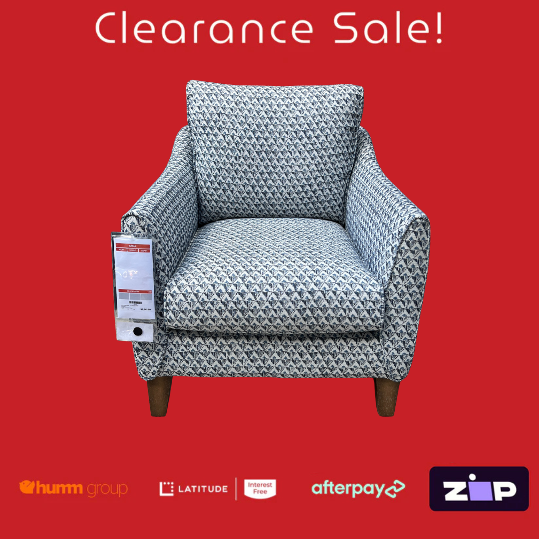 Patterned armchair on a red background with 'Clearance Sale!' text and payment options logos.