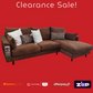 Brown sectional sofa with cushions on a red background, featuring clearance sale text and payment options logos.