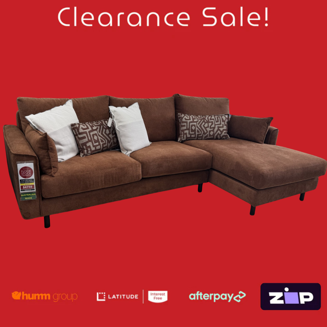 Brown sectional sofa with cushions on a red background, featuring clearance sale text and payment options logos.