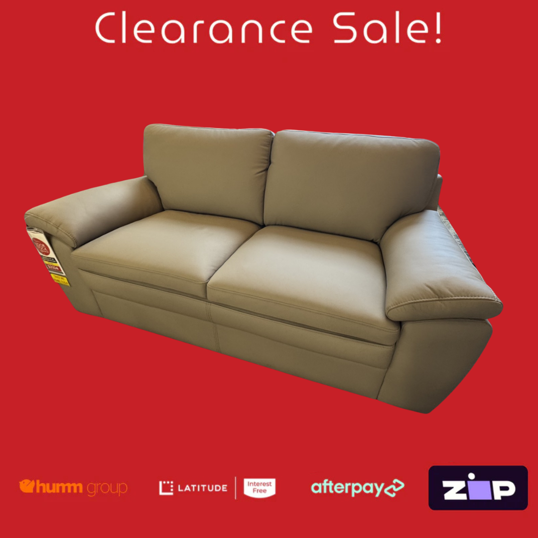 Beige sofa on a red background with 'Clearance Sale!' text and payment logos.