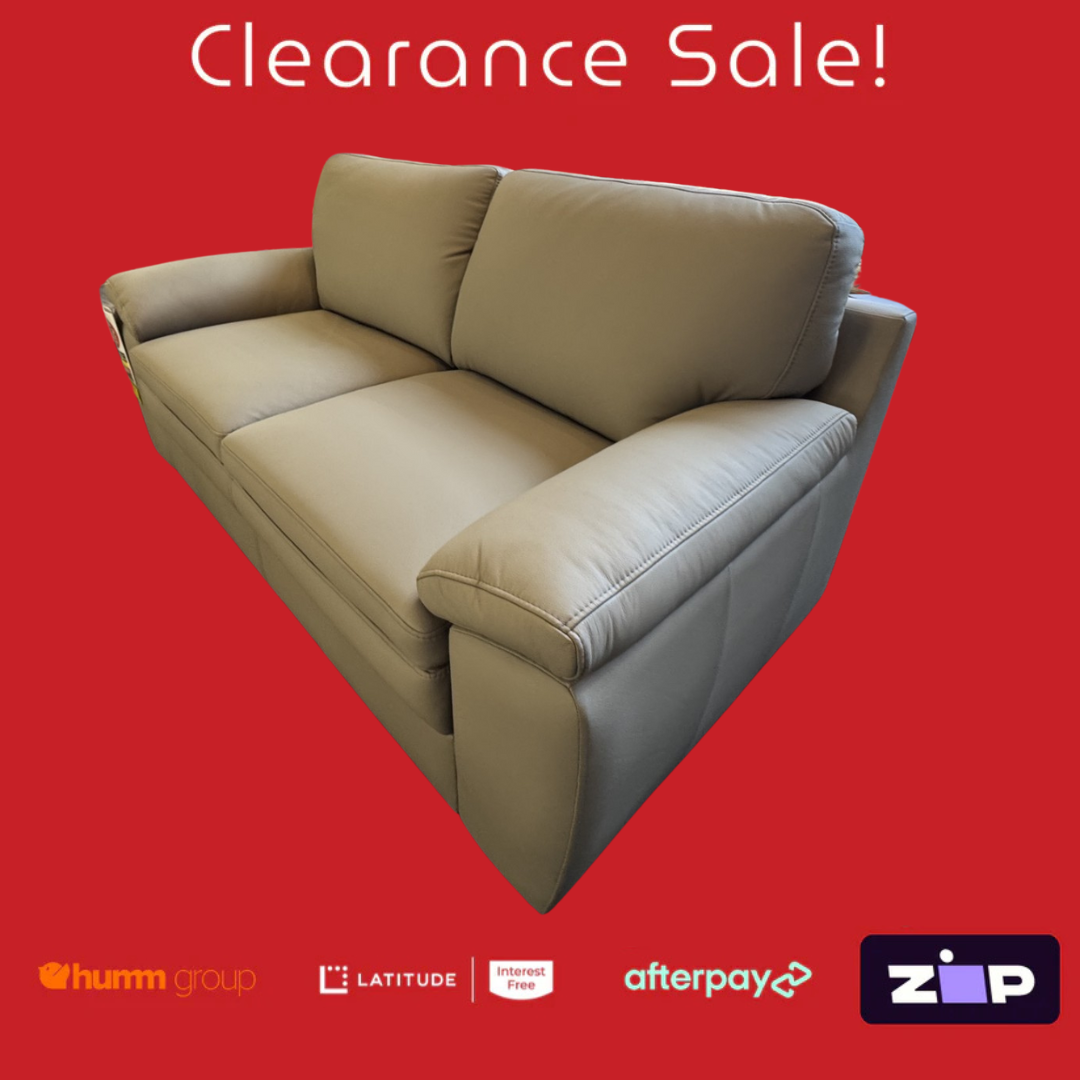 Beige sofa on a red background with clearance sale text and payment options logos.