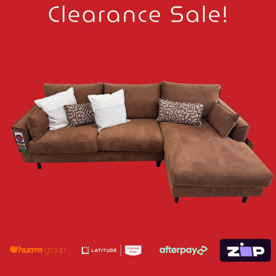 Brown sectional sofa with cushions on a red background, featuring clearance sale text and payment options.