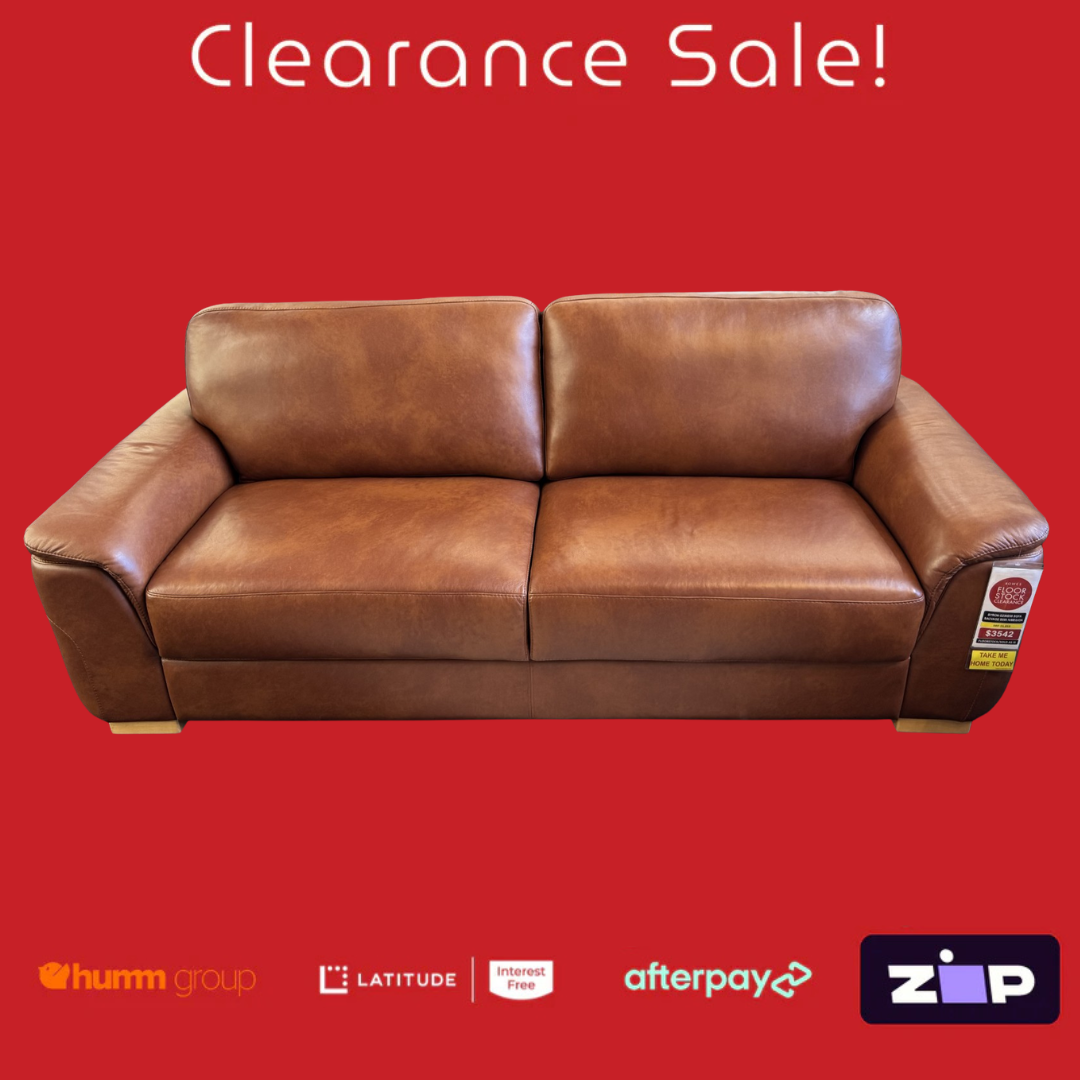 Brown leather sofa on a red background with 'Clearance Sale!' text and payment logos.