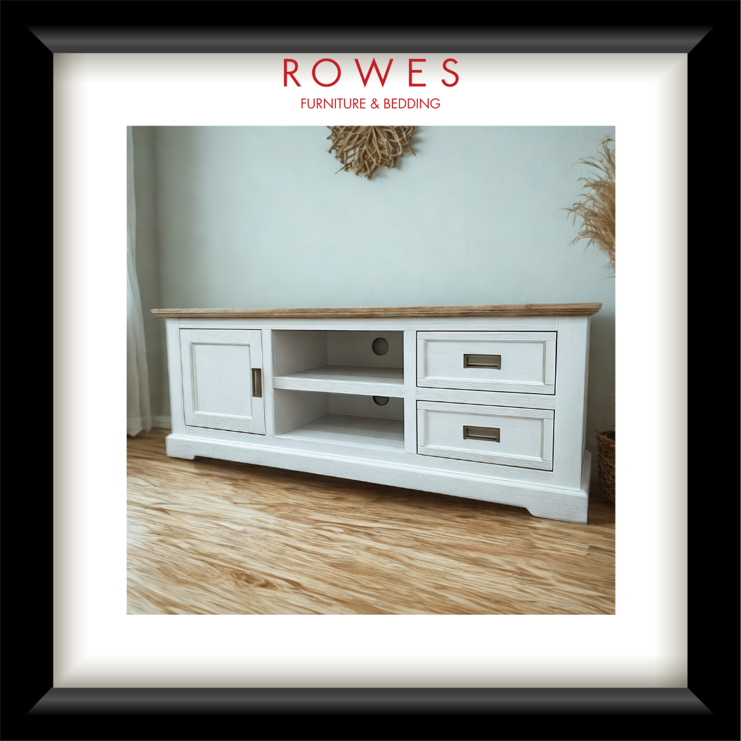 A white wooden TV stand or media console with a natural wood top, shown inside a white mat and black frame. The top of the image features the red text 'ROWES FURNITURE & BEDDING'.