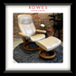 Cream-colored leather recliner chair with ottoman on a textured rug, with 'Rowes Furniture & Bedding' branding.