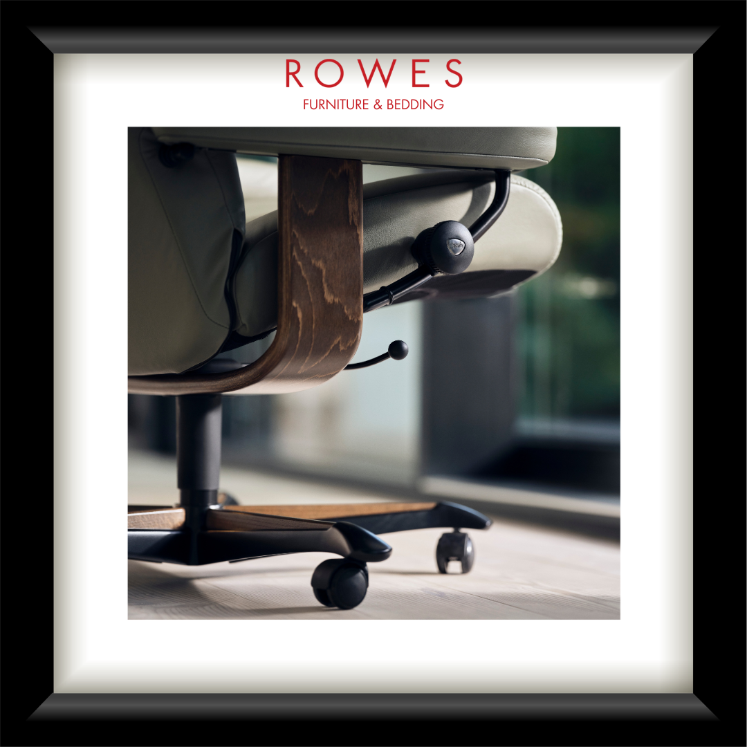 Close-up of a chair with 'Rowes Furniture & Bedding' branding.