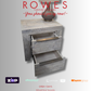 Gray wooden nightstand with open drawer on a white background, featuring 'Rowes' furniture brand.