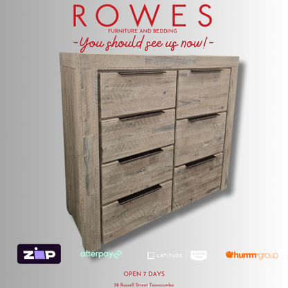 Wooden dresser with promotional text and logos on a gray background