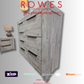 Wooden dresser with 'Rowes' branding and furniture-related logos on a gray background
