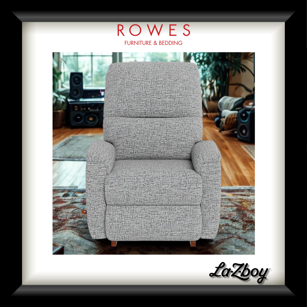Gray recliner chair in a room with 'Rowes Furniture & Bedding' and 'LaZboy' branding.