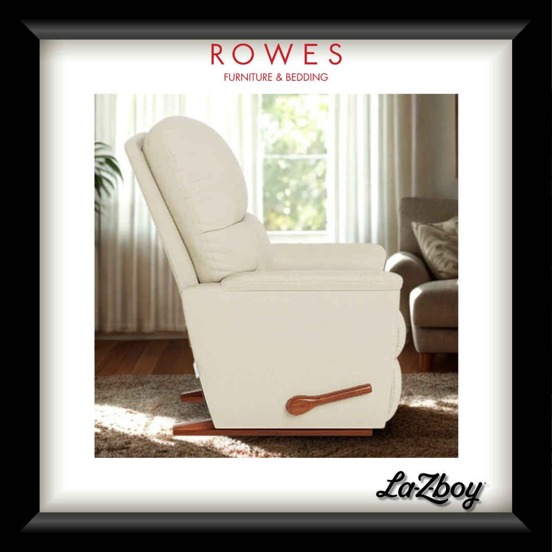 Cream-colored recliner chair in a living room setting with 'Rowes Furniture & Bedding' and 'La-Z-Boy' branding.