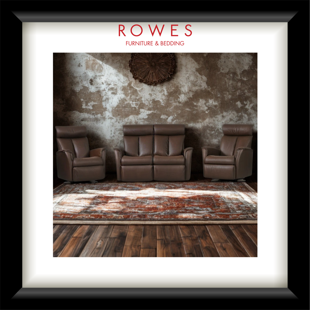 Brown leather sofa set in a room with textured walls and a patterned rug, featuring 'Rowes Furniture & Bedding' branding.