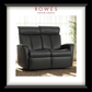 Black leather sofa in a room with curtains and a plant, branded as Rowes Furniture & Bedding.