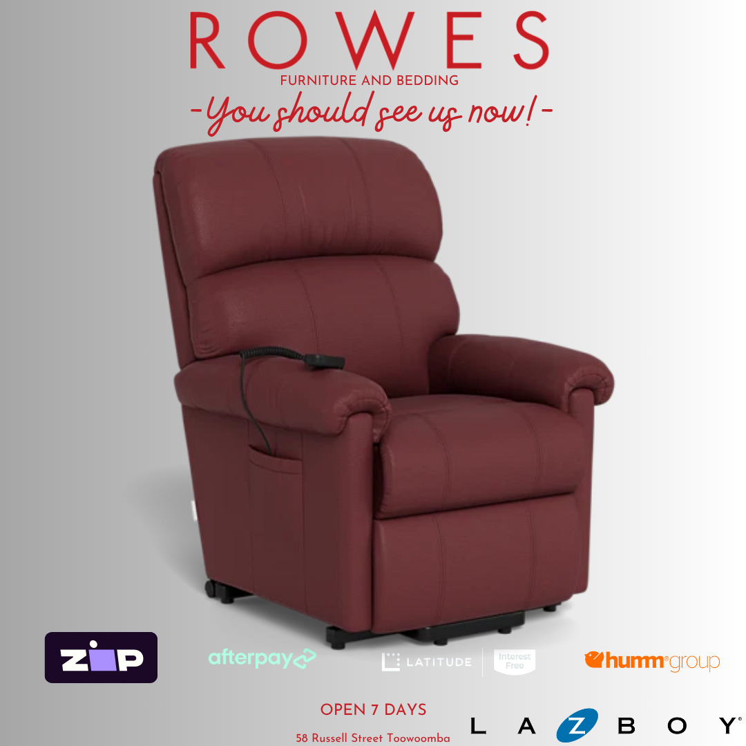 Red recliner chair with 'Rowes Furniture and Bedding' text and logos on a gray background