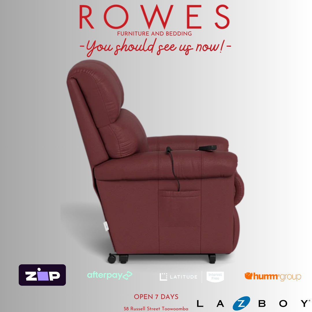 Red recliner chair with 'Rowes Furniture and Bedding' text and logos on a gray background