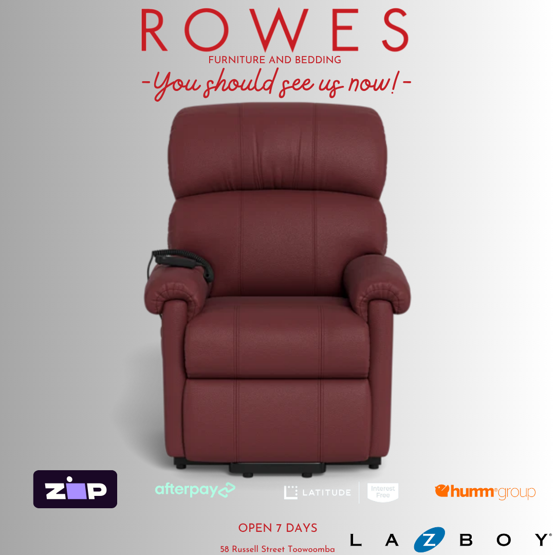 Red recliner chair on a gray background with promotional text and logos.