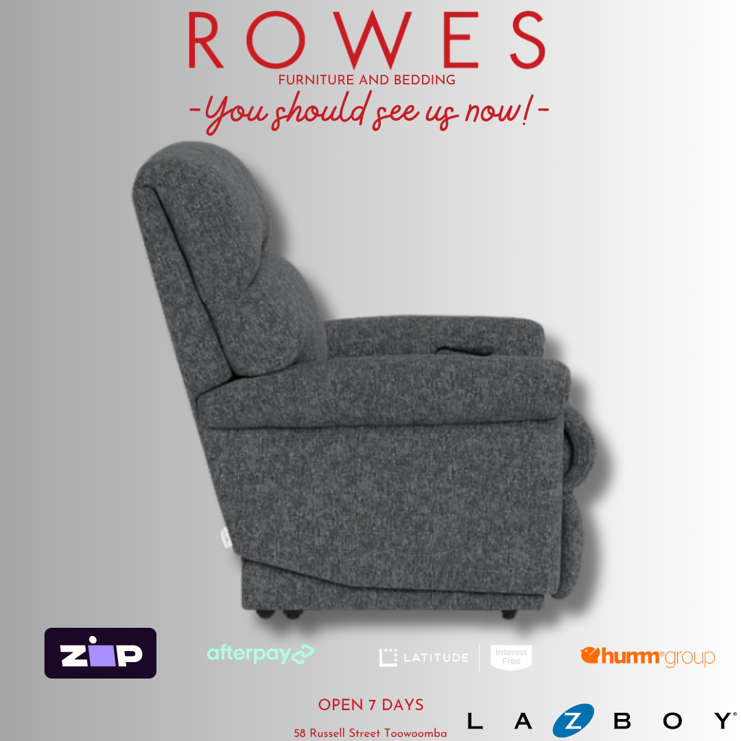 Gray recliner chair on a gray background with promotional text and logos.