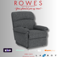 Gray recliner chair with 'Rowes Furniture and Bedding' text and logos on a gray background