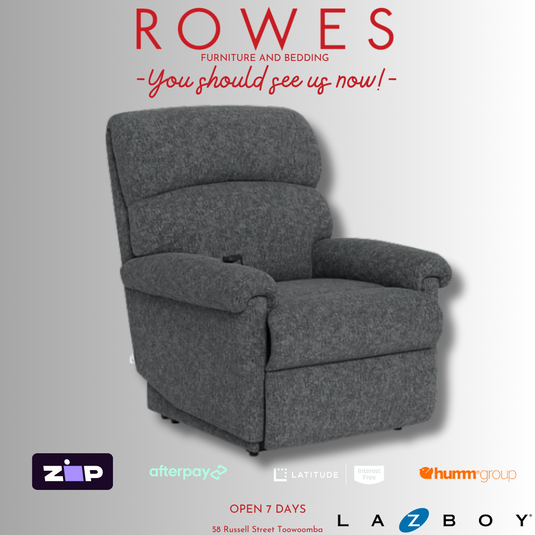 Gray recliner chair with 'Rowes Furniture and Bedding' text and logos on a gray background