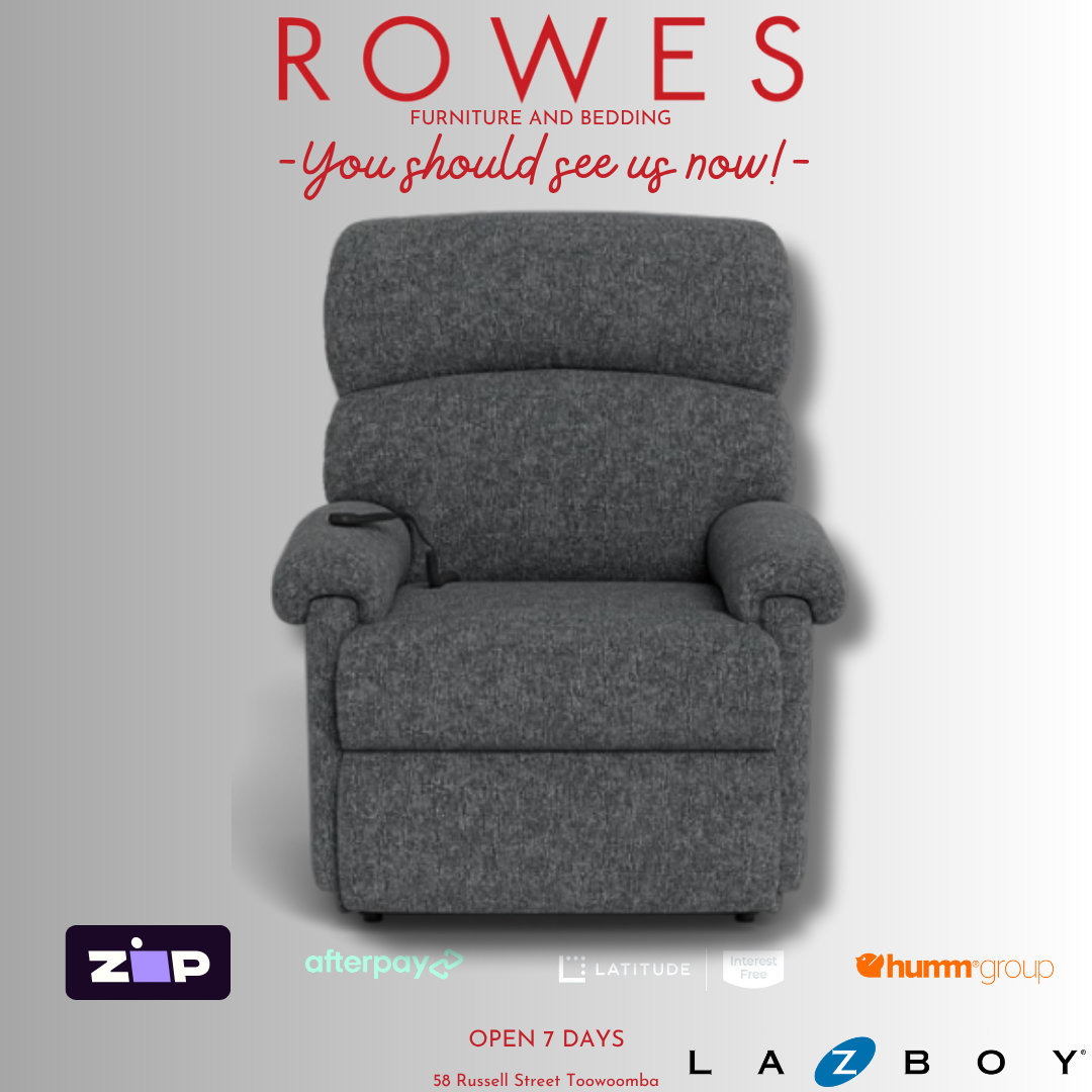Gray recliner chair with 'Rowes Furniture and Bedding' text and logos on a gray background