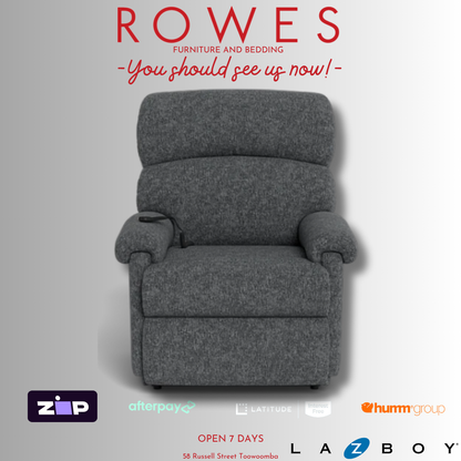 Gray recliner chair with 'Rowes Furniture and Bedding' text and logos on a gray background