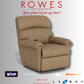 Brown recliner chair on a gray background with promotional text and logos.