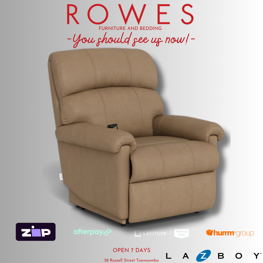 Brown recliner chair on a gray background with promotional text and logos.