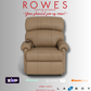 Beige recliner chair with 'Rowes Furniture and Bedding' text and logos on a gray background