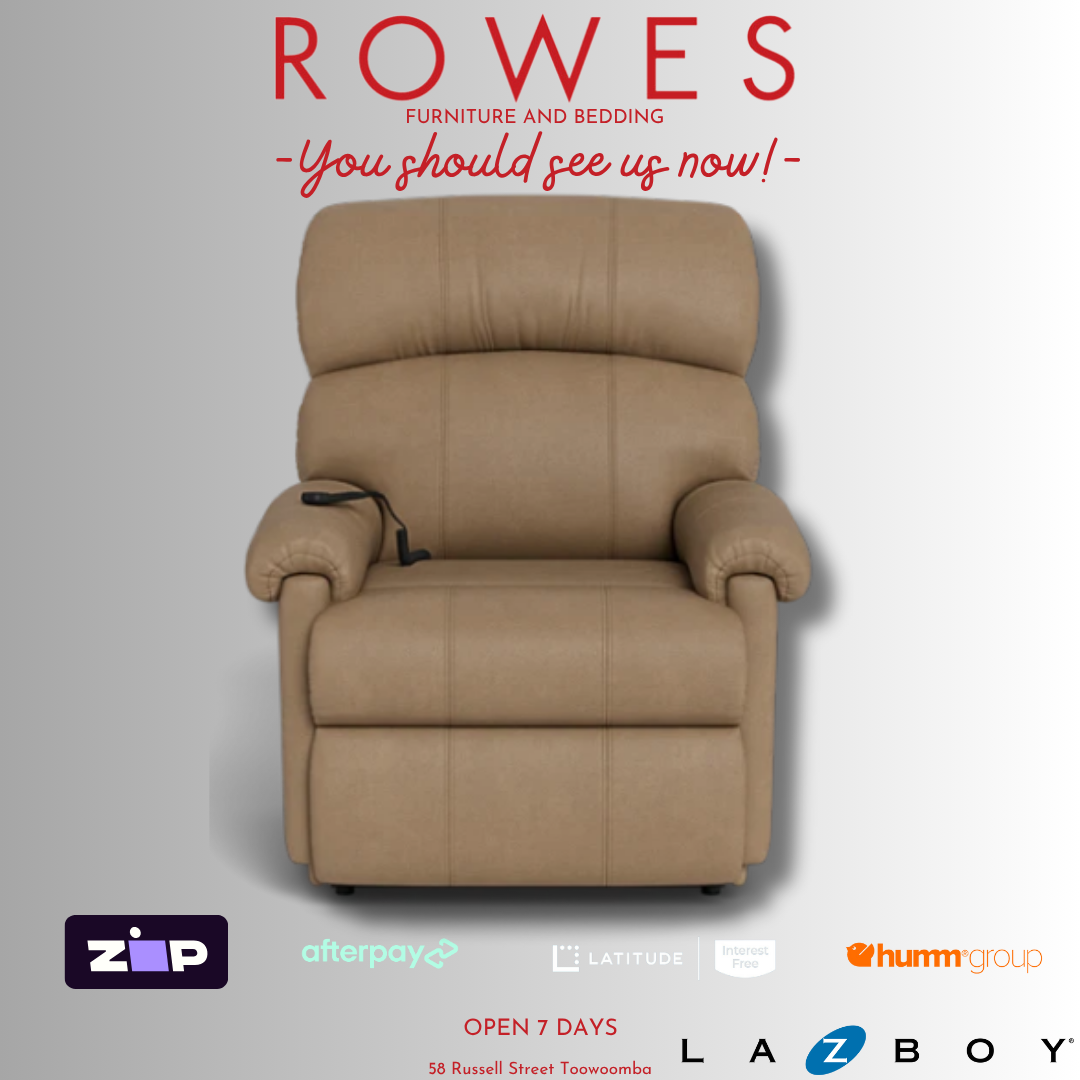 Beige recliner chair with 'Rowes Furniture and Bedding' text and logos on a gray background