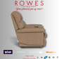 Beige recliner chair with 'Rowes Furniture and Bedding' text and logos on a gray background
