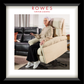 Woman using a beige recliner chair in a living room with 'Rowes Furniture & Bedding' branding.