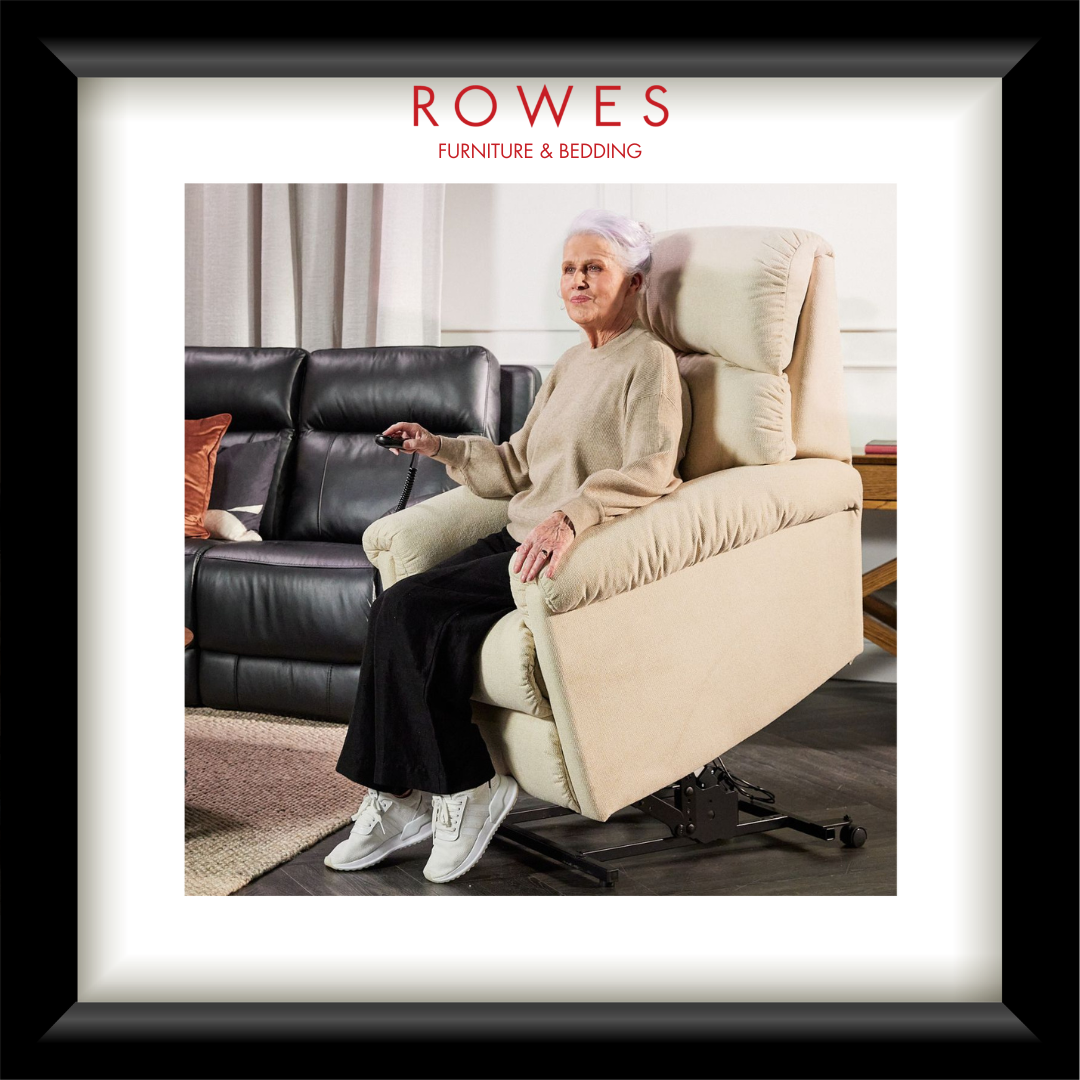 Woman using a beige recliner chair in a living room with 'Rowes Furniture & Bedding' branding.