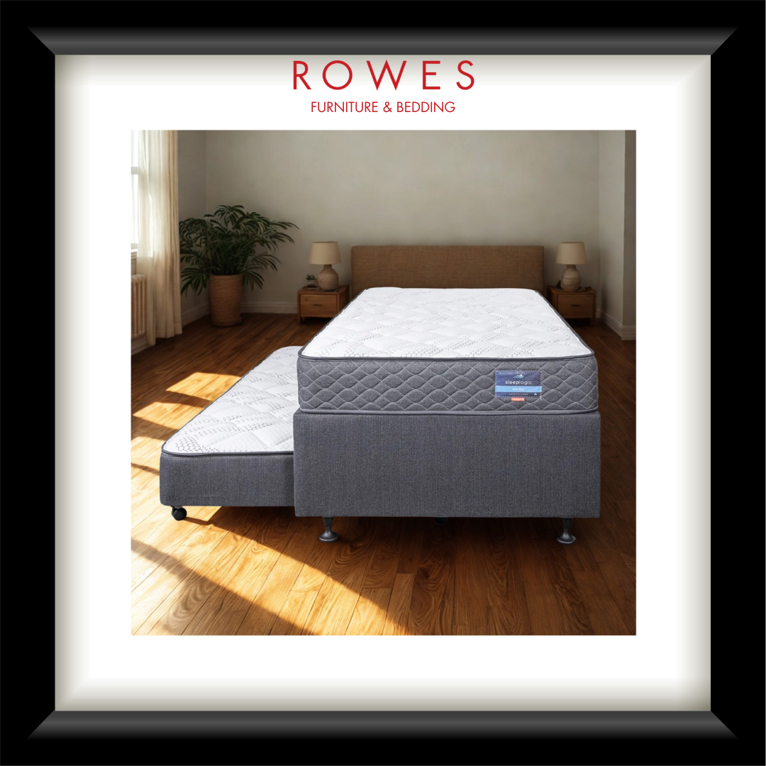 A framed promotional image for ROWES Furniture & Bedding showing a mattress on a gray upholstered base in a bedroom setting with warm sunlight on the wooden floor. The frame includes a white mat and a black outer border, with the brand name ROWES printed at the top.