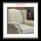 Patterned armchair with 'Rowes Furniture & Bedding' branding.