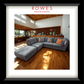 A large room with a grey sofa and ottoman