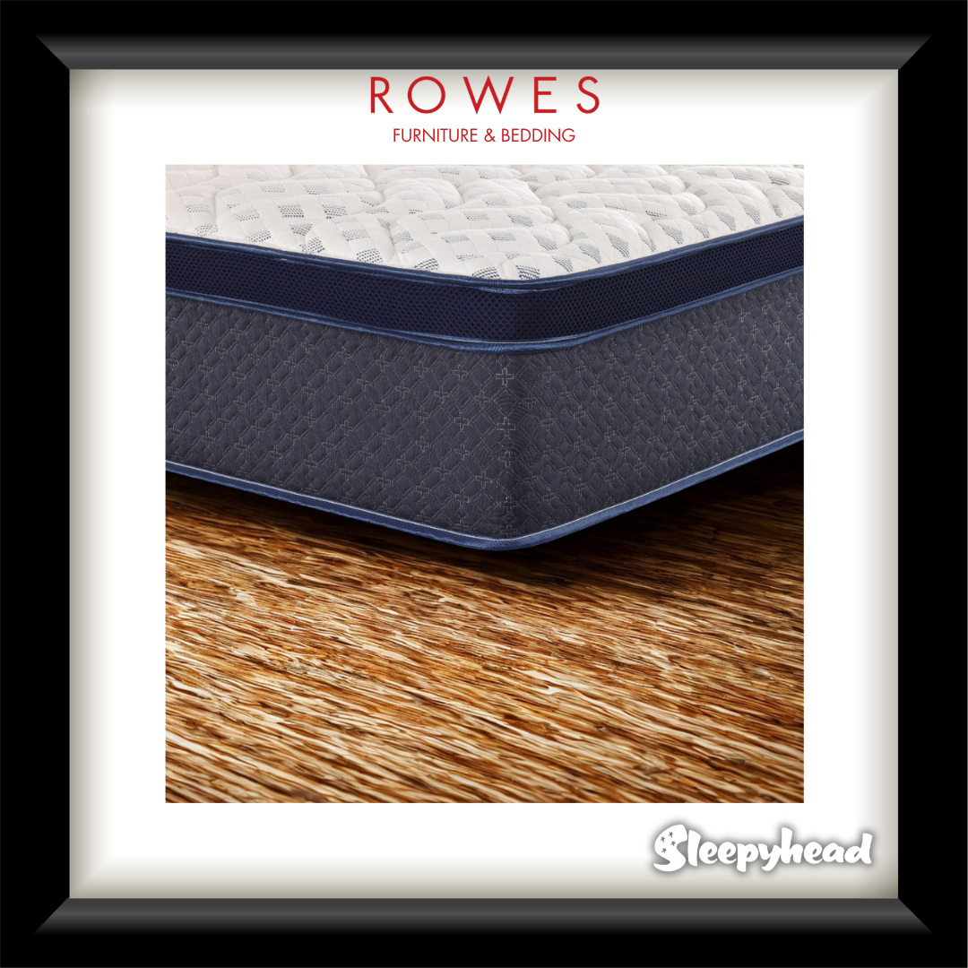 Blue mattress on a wooden floor with 'Rowes Furniture & Bedding' and 'Sleepyhead' branding.