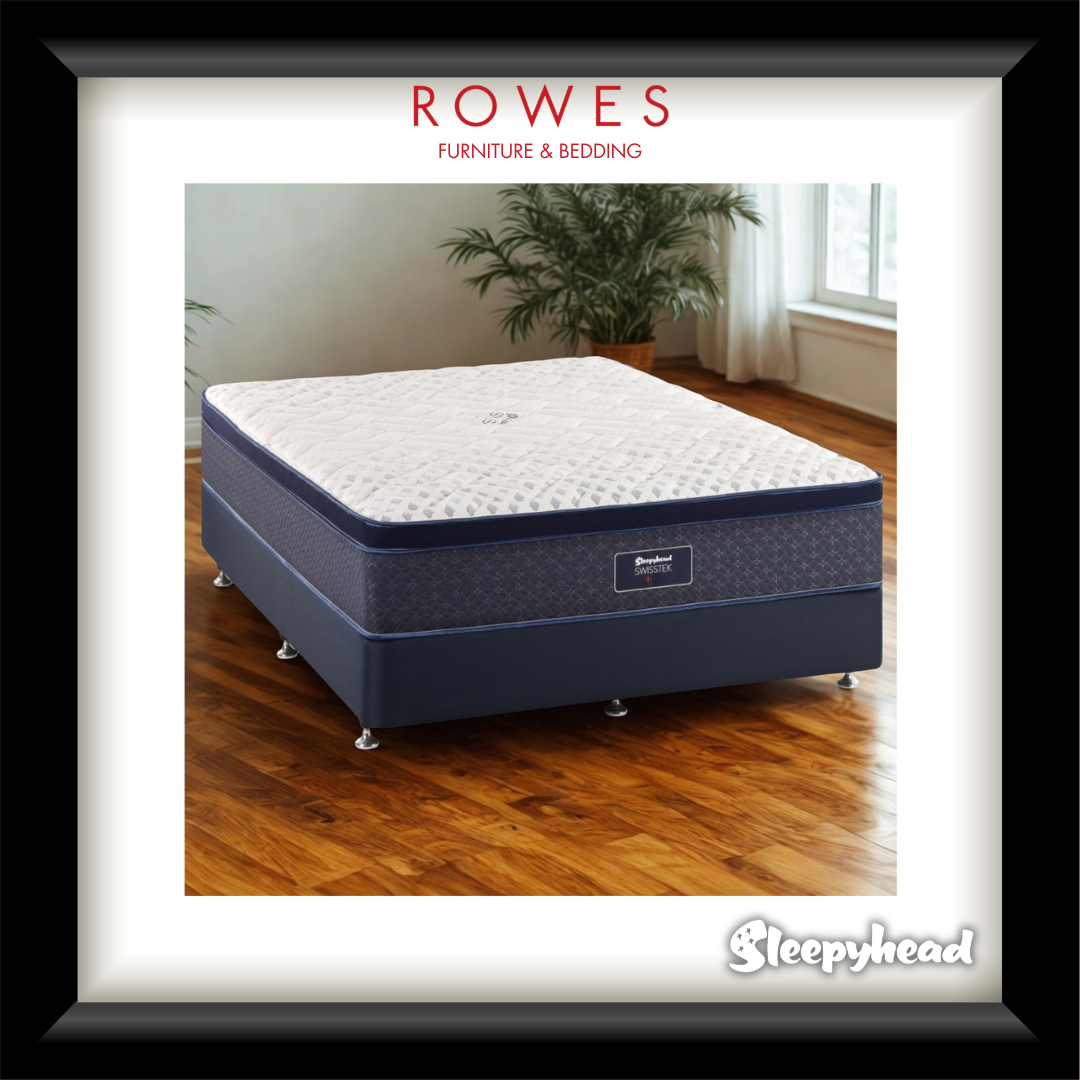 Blue mattress on a wooden floor with 'Rowes Furniture & Bedding' and 'Sleepyhead' branding.