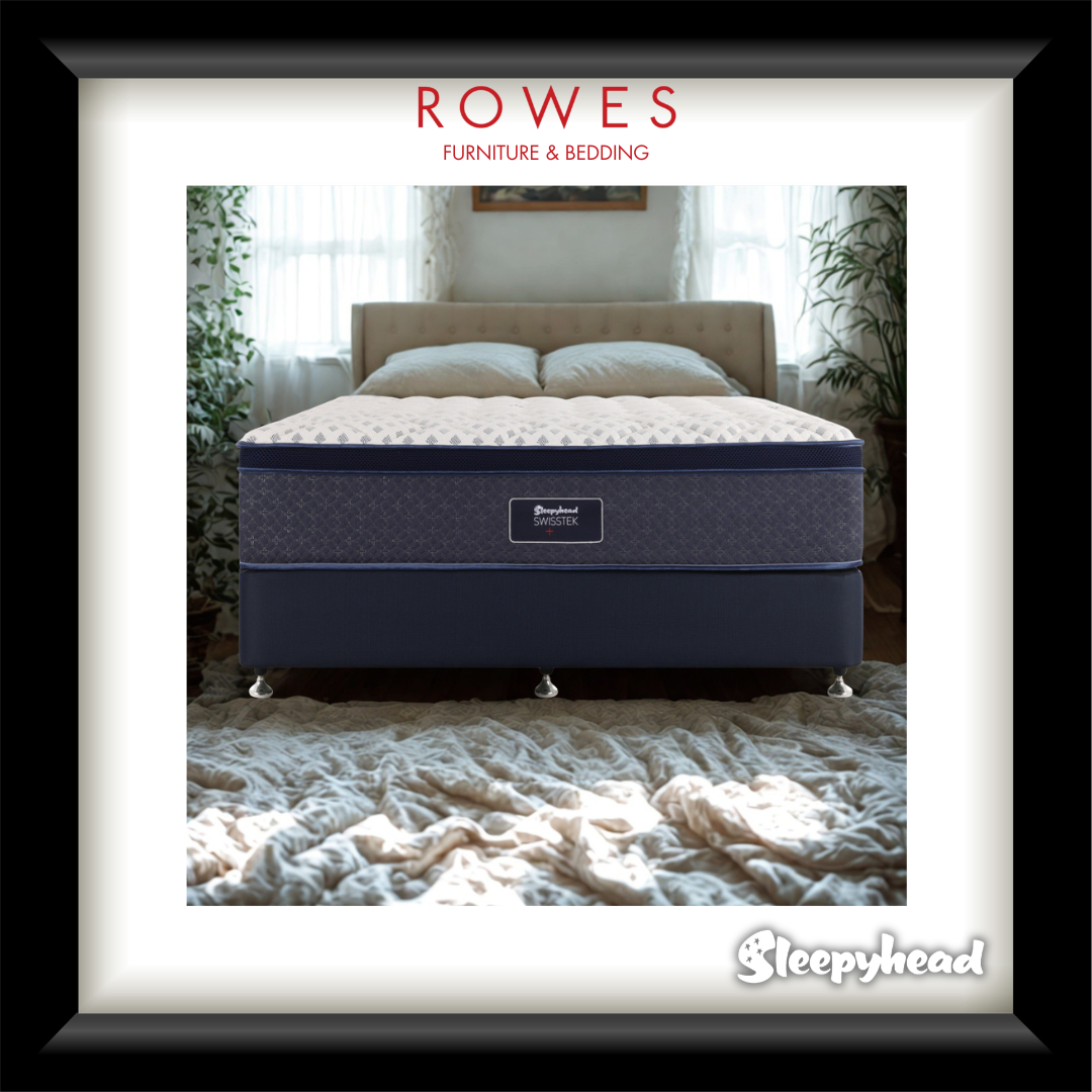 Blue mattress with 'Sleepyhead' branding in a bedroom setting, featuring Rowes Furniture & Bedding logo.