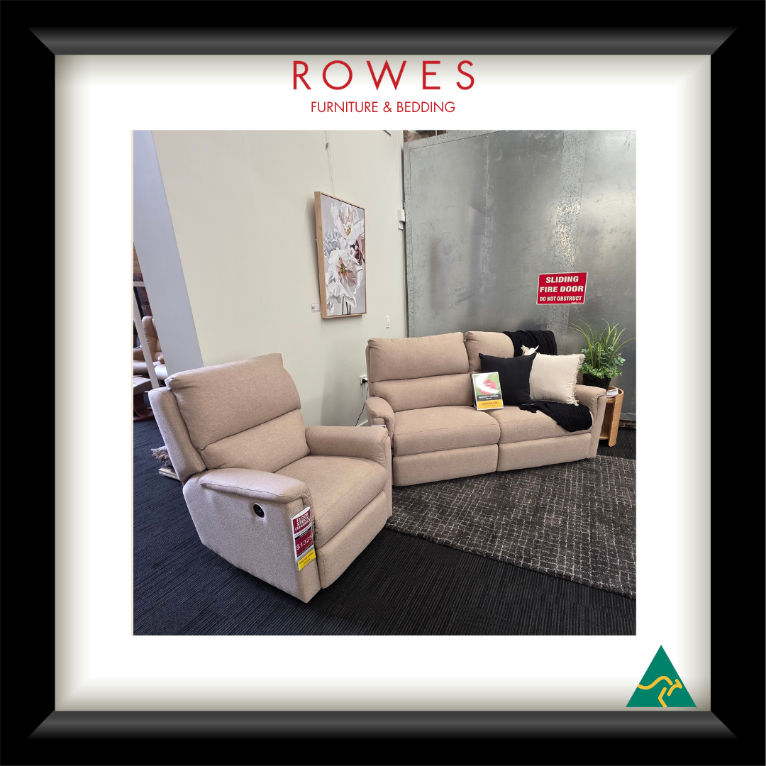 Beige recliner sofa and sectional in a room with 'Rowes Furniture & Bedding' branding.