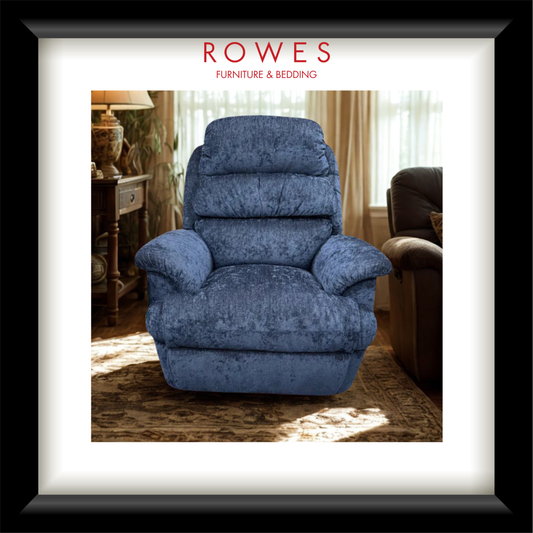 Blue recliner chair in a room setting with 'Rowes Furniture & Bedding' branding.