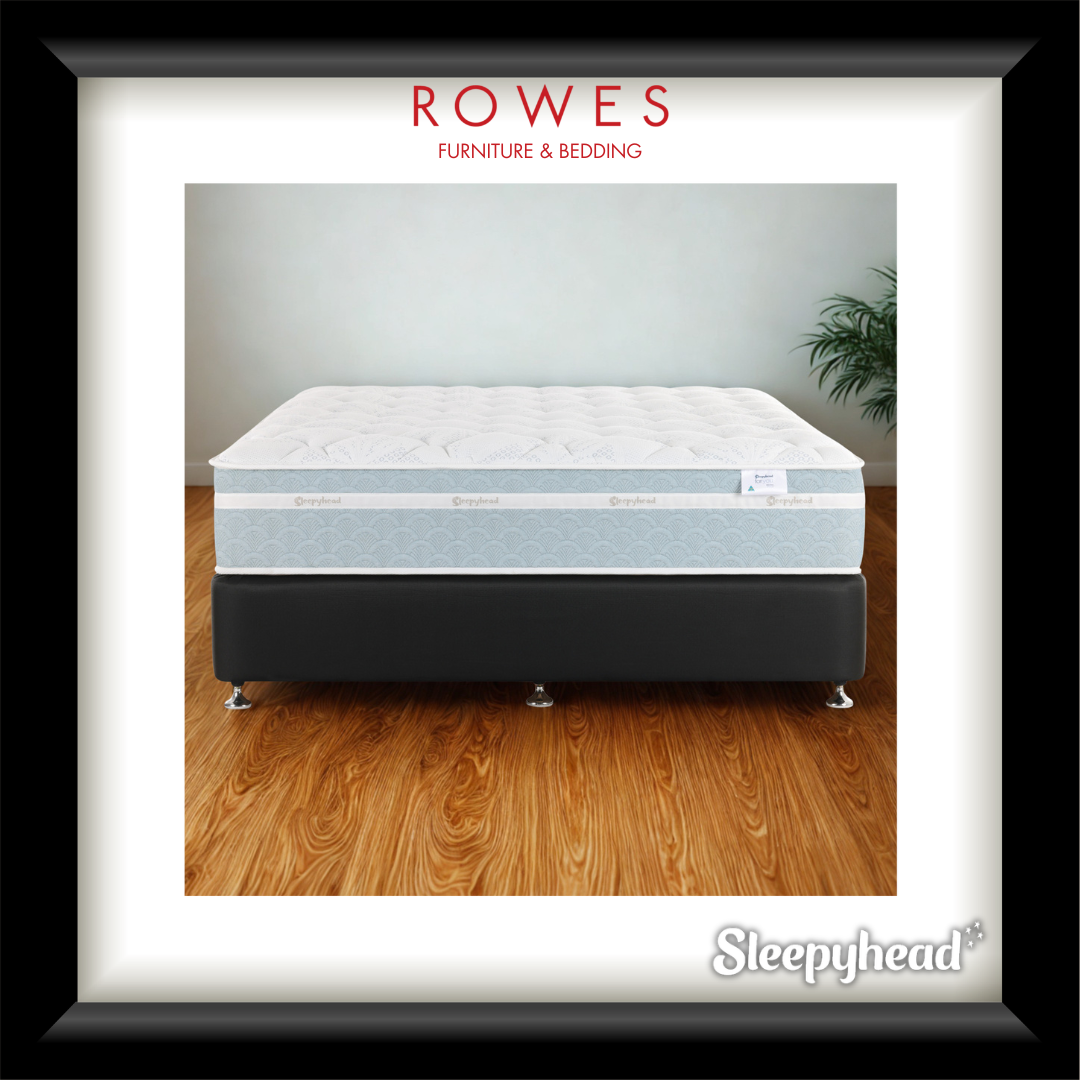 Mattress on a wooden floor with 'Rowes Furniture & Bedding' and 'Sleepyhead' branding.