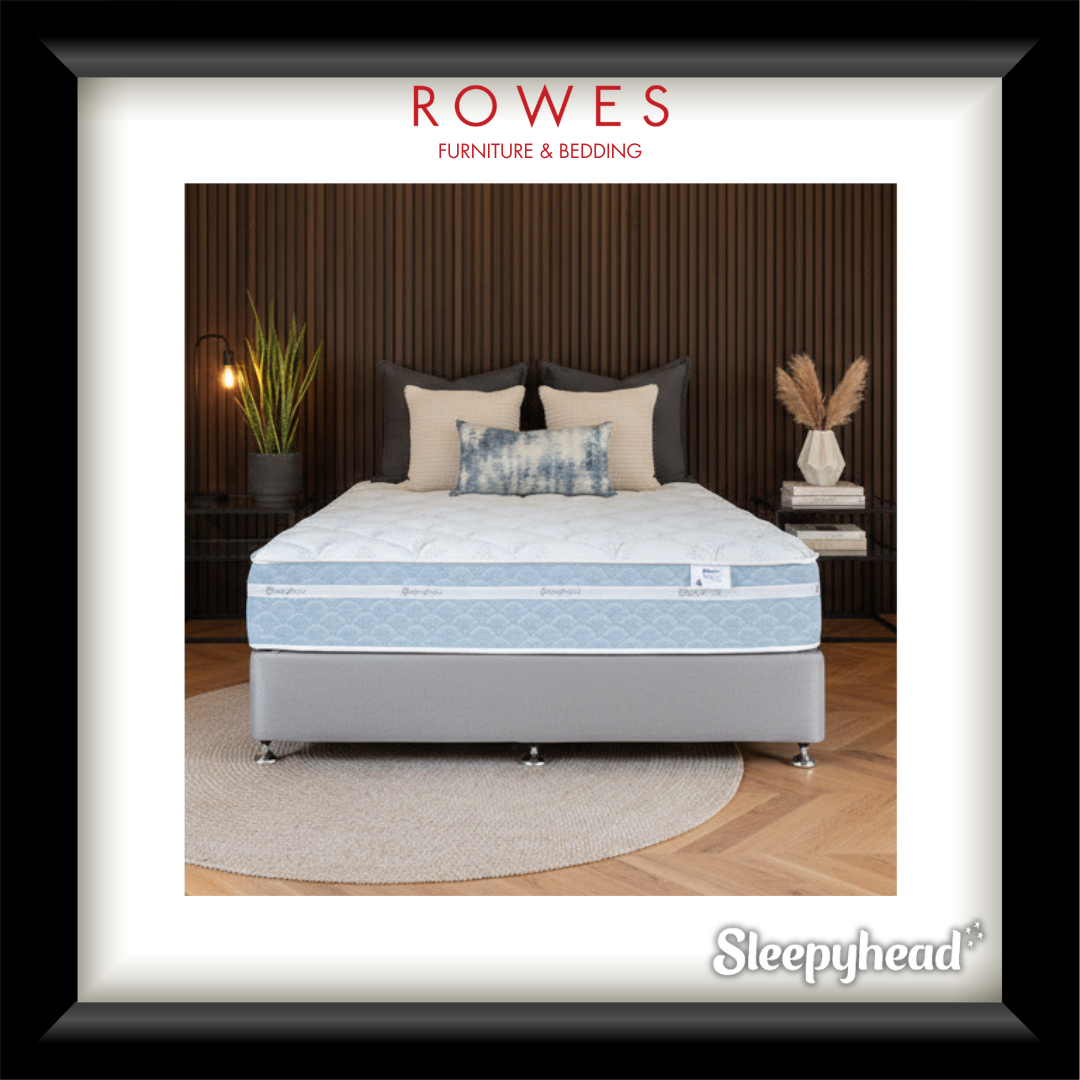 Sleepyhead mattress on a bed with 'Rowes Furniture & Bedding' branding.