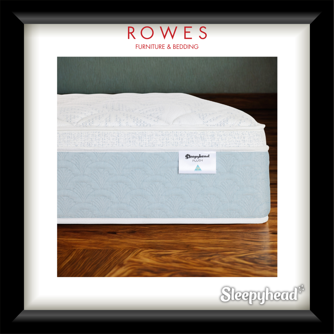 Sleepyhead mattress on a wooden bed frame with Rowes Furniture & Bedding branding.