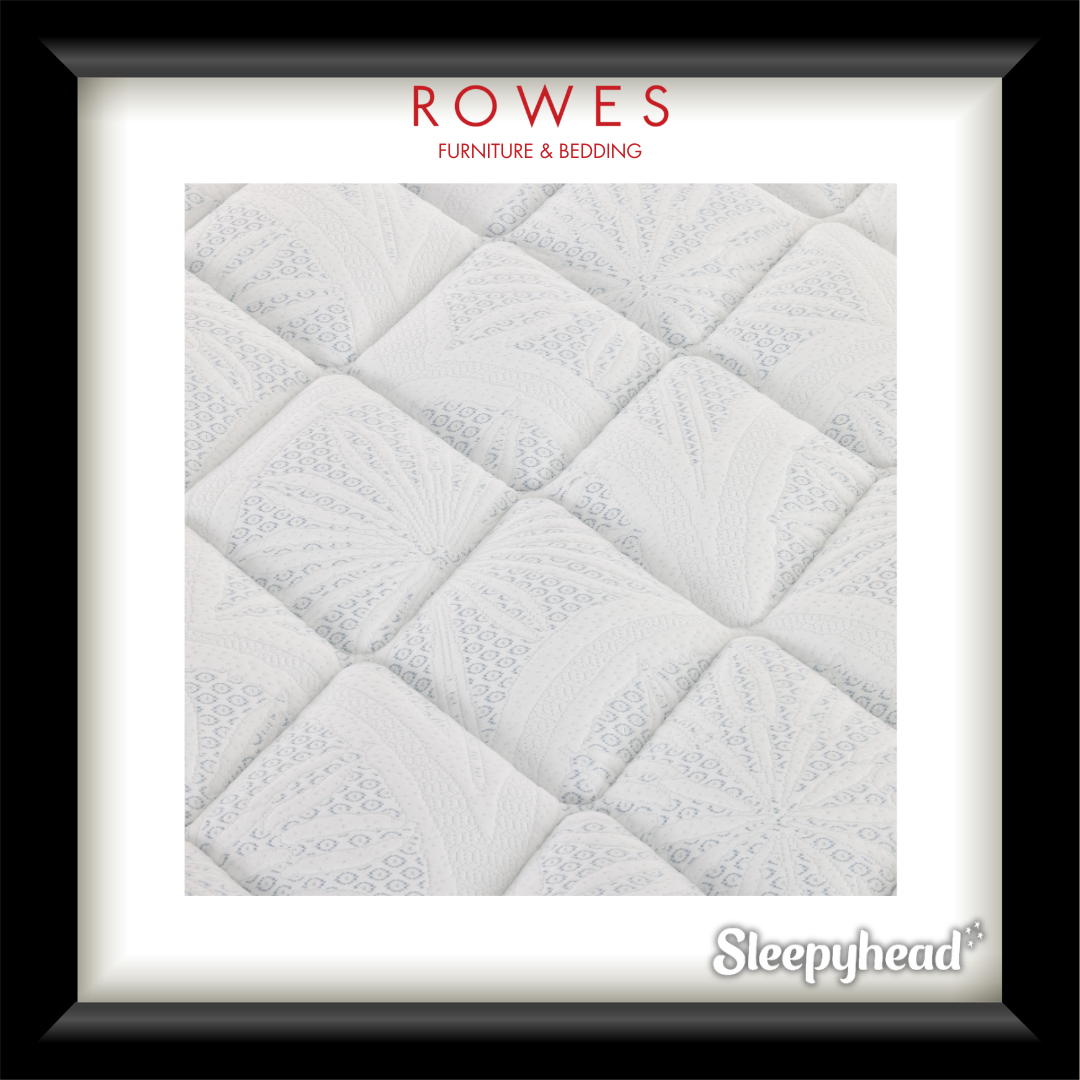 Quilted mattress topper with 'Rowes Furniture & Bedding' and 'Sleepyhead' branding.