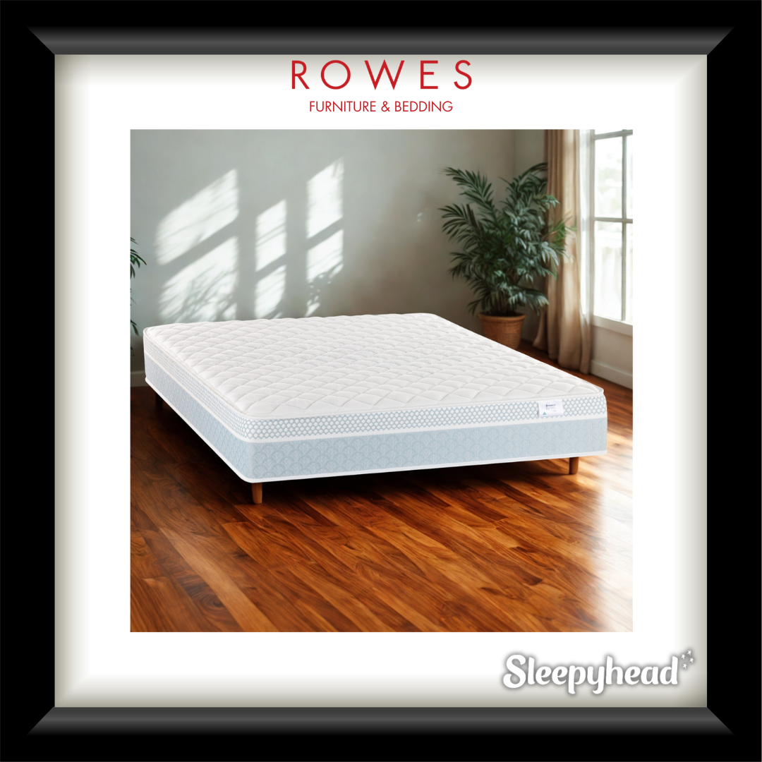 Sleepyhead mattress on a wooden floor with 'Rowes Furniture & Bedding' branding.