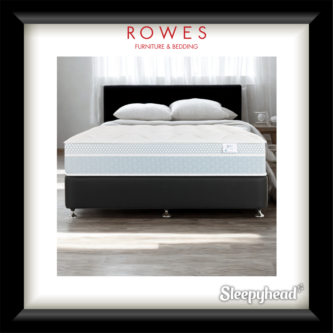 Mattress on a bed with 'Rowes Furniture & Bedding' and 'Sleepyhead' branding.